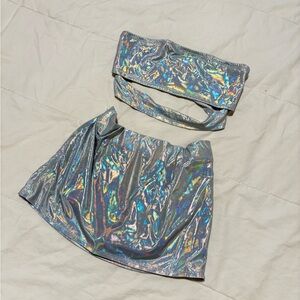 Holographic Silver Two-Piece Set - Bandeau Top + Mini Skirt